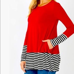 Dark Red Stripe-Contrast Swing Tunic